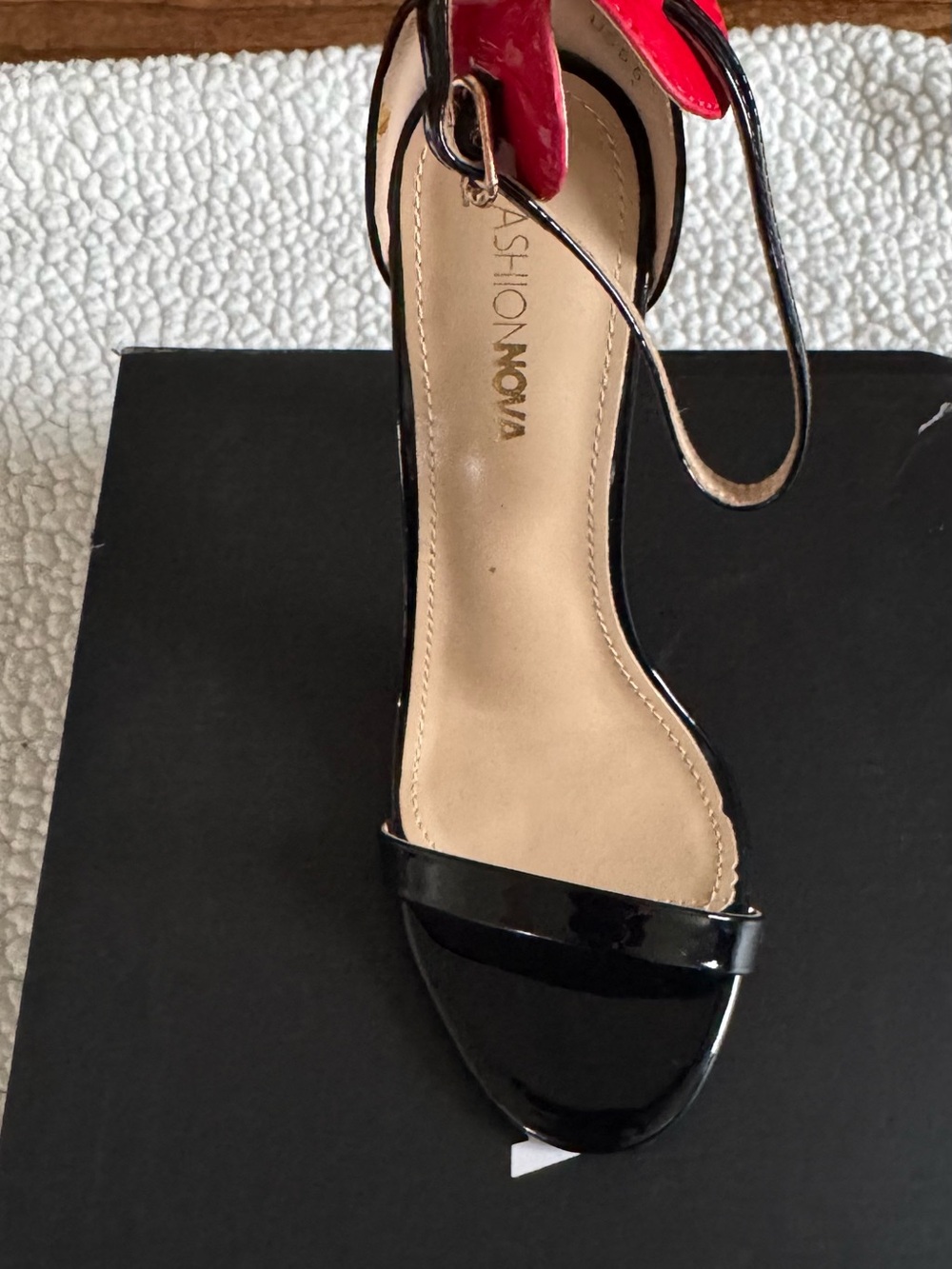 Fashion Nova Black Patent Open-Toe Ankle-Strap Heels with Red Accent